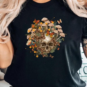 Bloom Skull Shirt, Mushroom Shirt, Halloween Shirt, Mushroom And Skull, Floral Skull Shirt, Womens Fall Shirts, Flower Skull Skeleton Shirt