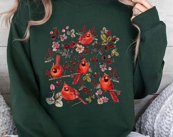 Vintage Cottagecore Wildflower Red Cardinal Sweatshirt, Goblincore Nature Sweatshirt, Bird Lover Gift, Cottage Core Wildflowers Shirts, Bird