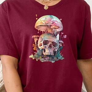 Mushroom Shirt, Halloween Mushroom Skull Shirt, Hippie Shirt, Decor Art Shirt, Plant Shirt, Nature Shirt, Gift For Her, Vintage Plant Shirt