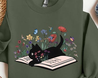 Floral Cat Sweatshirt, Cat Lover Shirt, Cat Book Shirt, Cat Lover Gift, Gift for Her, Cat Mom Shirt Gift,Cute Cat Shirts,Cute Book Cat Shirt