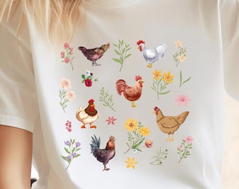 Wildflower Chicken Shirt, Ladies Chicken Tshirt, Chicken T shirt, Chicken Lover, Chicken mom Tee, Cottagecore Farm Girl T-shirt, Farmer Gift