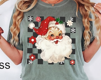 Comfort Colors® Christmas Checkered Santa Shirt, Retro Santa Shirt, Christmas,Retro Christmas Shirt,Christmas Shirt For Women,Gift For Women