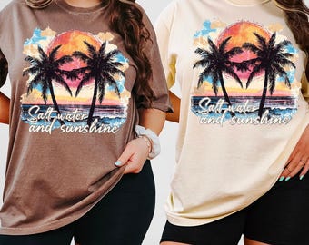 Comfort Colors® Salt Water and Sunshine T-shirt,Salty Mom,Trendy Summer Shirts,Beach Tee,Retro Beach Girl Shirt,Palm Tree Shirt,Sunset Shirt