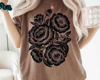 Comfort Colors® Vintage Linocut Flower Shirt, Peonies & Ranunculus Tee, Retro Block Print Peonies Shirt ,Cottagecore Boho Botanical Floral
