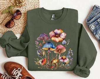 Mushroom Wildflower Sweatshirt,Wild Flower, Cottagecore Shirt, Pop, Mushroom, Botanical Mushroom t, Mushroom and Floral shirt, Botanical Tee