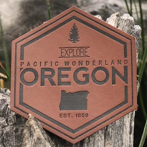 Explore Pacific Wonderland Oregon | Faux Leather Patch | Sew on Style | Oregon 1859 | Pacific Wonderland Backpack Accessory | PNW souvenir