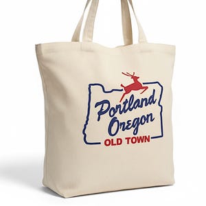 White Stag Sign Oregon Portland | Tote | Heavyweight Cotton Canvas Gusseted Market Bag | PDX Reindeer Sign Old Town | Made in Oregon Deer
