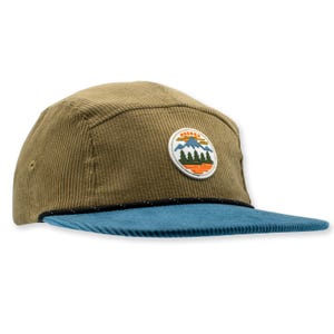 May include: Olive green corduroy cap with a blue bill. The cap features a circular patch with a mountain and tree design, and the word "OREGON" in a circular design.