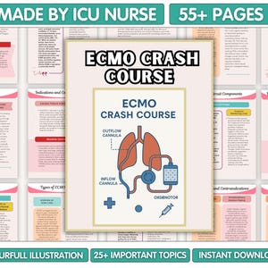 May include: A medical educational resource titled "ECMO Crash Course" with a diagram of lungs and related medical equipment. The image includes the text "Made by ICU Nurse," "55+ Pages," "Colourful Illustration," "25+ Important Topics," and "Instant Downloads."