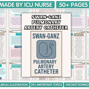 Könnte beinhalten: Eine medizinische Bildungsressource mit dem Titel "Swan-Ganz Pulmonary Artery Catheter" wird angezeigt. Das Bild zeigt ein Diagramm des Katheters und verwandte medizinische Informationen. Der Text enthält "Made by ICU Nurse", "50+ Pages", "Colourfull Illustration", "20+ Important Topics" und "Instant Downloads".