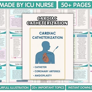 Op de afbeelding: Een medische educatieve bron getiteld "Hartkatheterisatie" met een blauwe en oranje illustratie van een hart en katheter. De afbeelding bevat de tekst "Made by ICU Nurse", "50+ Pages", "Colourfull Illustration", "20+ Important Topics" en "Instant Downloads".