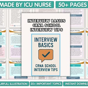 Könnte beinhalten: Ein digitaler Leitfaden mit dem Titel "Interview Basics CRNA School Interview Tips" mit farbenfrohen Illustrationen. Der Leitfaden umfasst über 50 Seiten und über 20 wichtige Themen. Der Text "Made by ICU Nurse" ist ebenfalls sichtbar.