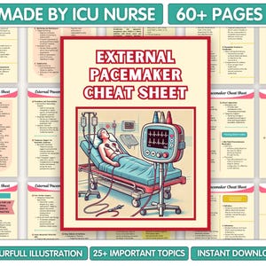 May include: A colorful illustration of a patient in a hospital bed connected to an external pacemaker. The illustration is part of a cheat sheet for nurses. The text on the cheat sheet reads "External Pacemaker Cheat Sheet".