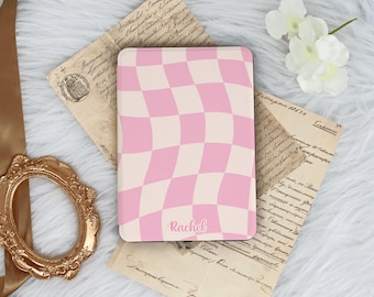 Pink and White Wavy Checkered Case With Hand Strap for Kindle 12/11/10, Kindle Paperwhite 12/11/10 Case, Kindle Colorsoft Case, Gift for Her