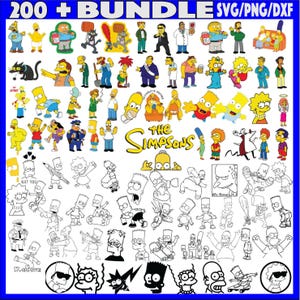 Può includere: Una collezione di oltre 200 file SVG, PNG e DXF di personaggi dei Simpson. L'immagine mostra una varietà di personaggi dello show, tra cui Homer, Marge, Bart, Lisa e Maggie. I personaggi sono rappresentati sia a colori che in bianco e nero.