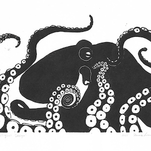 Octopus &quot;Intelligent Design&quot; | Block Print Linocut | Hand Carved and Printed