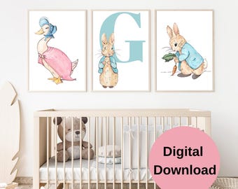 Personalisierte Peter Rabbit Kinderzimmer Kunst Set - Benutzerdefinierte Initiale, 3 Drucke für Babyzimmer, druckbares Dekor, druckbare Kinderzimmer, Beatrix Potter