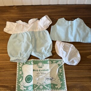 Vintage Premie Cabbage Patch Outfit with Birth Certificate Blue and White Gingham