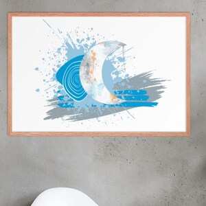 Summer Moon Framed Poster: Blue & Apricot Color Splash Art