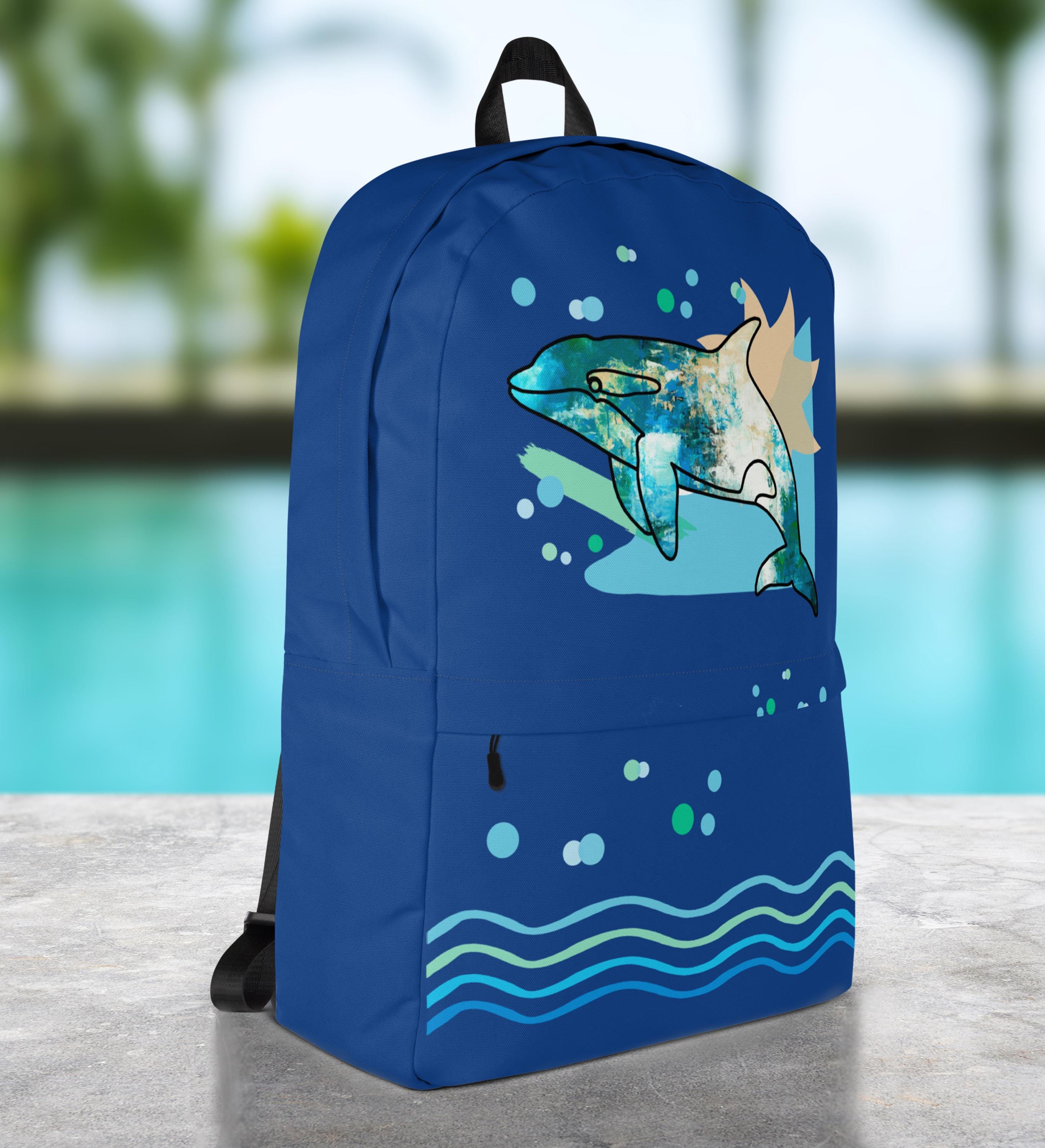 ネイビーブルーのクジラのバックパック、ホエールテイルズ、子供用バッグ、スクールバッグ、旅行・ハイキングパック、海をテーマにしたバッグ