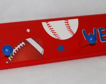 Boys Sports Coat Rack in Red. Baseball Theme . Sports Room . Towel Hooks. Birthday Gift . Personalized Peg Rack . Brothers . Twins