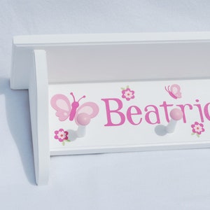 Butterfly Shelf with Pegs . Wood Shelf . Personalized Coat Rack with shaker pegs . Isabella . Pink Butterflies