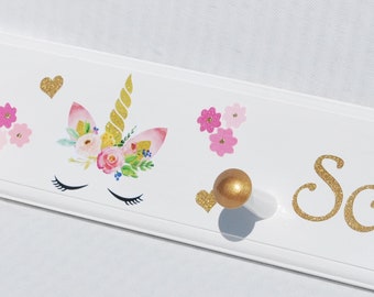 Unicorn Coat Rack: Wall Mounted Wooden Peg Rail, Pink & Gold