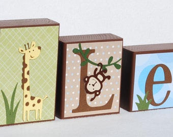 Wood Letter Blocks, Name Sign, Soft Neutral Colors, Jungle Theme, Baby Shower Centerpiece for Cake or Gift Table, Decorative Nursery Accent