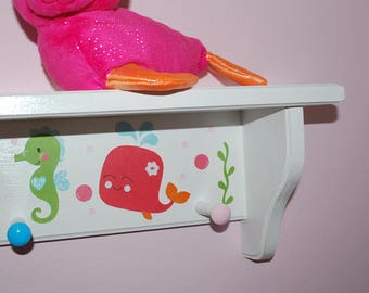 Wood Shelf with Pegs . Under the Sea . Girls Wood Bookshelf with Hooks . Wall Mount Shelf for Kids . Personalized