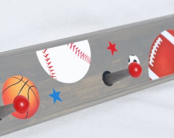 Sports Themed Peg Rack: Handmade Nursery Wall Hooks