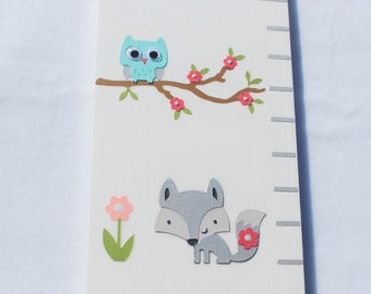 Fiona Fox Wooden Growth Chart Teal Coral Gray . Woodland Animals Baby Nursery Wall Decor . Personalized Keepsake Heirloom . Baby Girl Gift