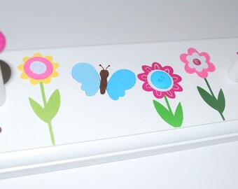 Flower Garden Girls Coat Rack . Towel Hooks. Birthday Gift for Girl. Dress Up Rack . Personalized COAT RACK with Pegs . Wooden Peg Rail