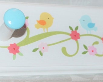 Whimsical Birdies Nursery Wall Art for Baby Girl, Wooden Name Sign with Flowers and Birds, Personalized Baby Shower Gift, White Coat Rack