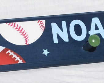 Personalized Sports Name Hooks, Wooden Kids Coat Rack, Baseball Theme Decor