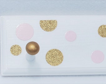 Pink and Gold Polka Dots Nursery Decor . Girls Room . Personalized Gift for Girl . White peg Rail . Pink and Gold Baby Nursery