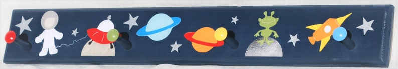 Personalized Kids Coat Rack . Peg Rack . Wall Pegs . Gabriel . Outer Space . Children's Coat Hooks . Outer Space Wall Art for Kids Room image 2