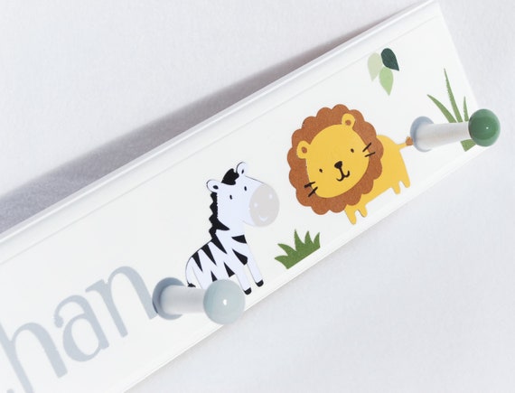 Jungle Animals Coat Rack, Jungle Bathroom Towel Rack. Kids Wall Hooks.  Personalized Coat Rack . Elephant Zebra Giraffe Lion 