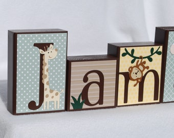 Custom Name Block Letters for Baby Nursery with Jungle Animals in Neutral Color Tones of Sage Beige Brown Yellow . Safari Nursery Decor