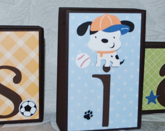 Free Standing Sports and Puppies Name Block Set for Boy, Sports Themed Decor for Shelf, Name Display for Desk or Bookcase, Dogs and Sports