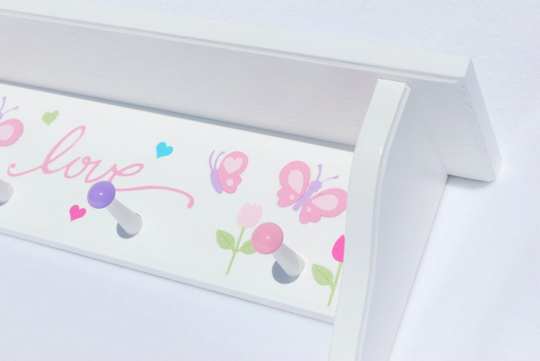 White Shelf With Pegs for Baby Girl Nursery With Flowers and
