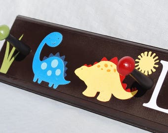 Dinosaur Coat Rack in Espresso Brown. Dino Bathroom Towel Hooks. Kids Wall Hooks. Personalized Coat Rack