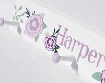 Girls Coat Rack . Elegant Lavender Lilac Purple Soft Sage Floral Girls Nursery Wall Art, White Wood Peg Rail . Purple Flowers