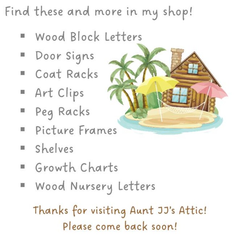 Op de afbeelding: Een illustratie met een lijst met producten: Houten blokletters, Deurborden, Kapstokken, Kunstclips, Peg Racks, Fotolijsten, Plankjes, Groeigrafieken en Houten Kinderkamerletters. Een hut, palmbomen en parasols zijn ook afgebeeld.