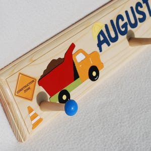 Construction Trucks Wood Wall Hooks | Boys Room Decor with Name