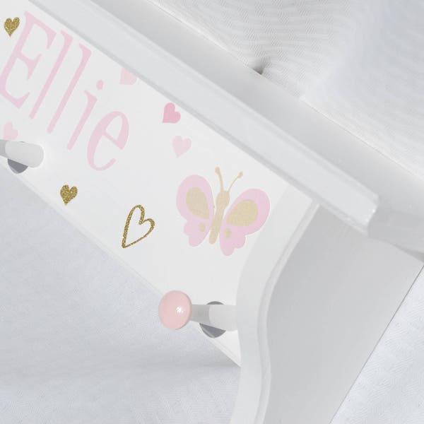 Pink and Gold Butterflies and Hearts . White Wooden Shelf with Pegs . Personalized Gift . Coordinates with Confetti