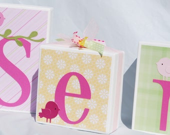 Pink Green Yellow Sweet Baby Birdies for Baby Girls Nursery . Baby Shower Gift . Personalized Blocks . Baby Name Blocks . Wood Block Letters