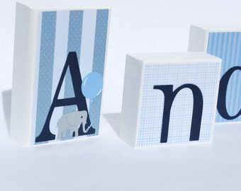 Blue and Gray Baby Elephants Personalized Wood Name Blocks . Baby Shower Gift . Personalized Blocks . Elephant Nursery Decor