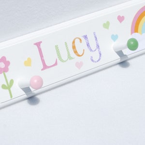 Pastel Rainbow Coat Hooks for Girls Room to Coordinate with Room Decor or Baby Nursery, Personalized Baby Gift with Rainbows and Hearts