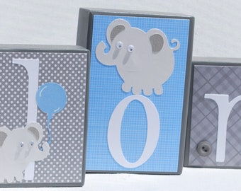 Blue and Gray Baby Elephants Personalized Wood Name Blocks . Baby Shower Gift . Personalized Blocks . Elephant Nursery Decor