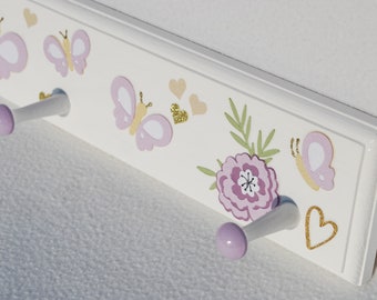 Girls Wood Coat Rack with Butterflies and Flowers in Lavender and Gold with Hearts . Girls Wall Wooden Wall Hooks for Baby Nursery . Custom